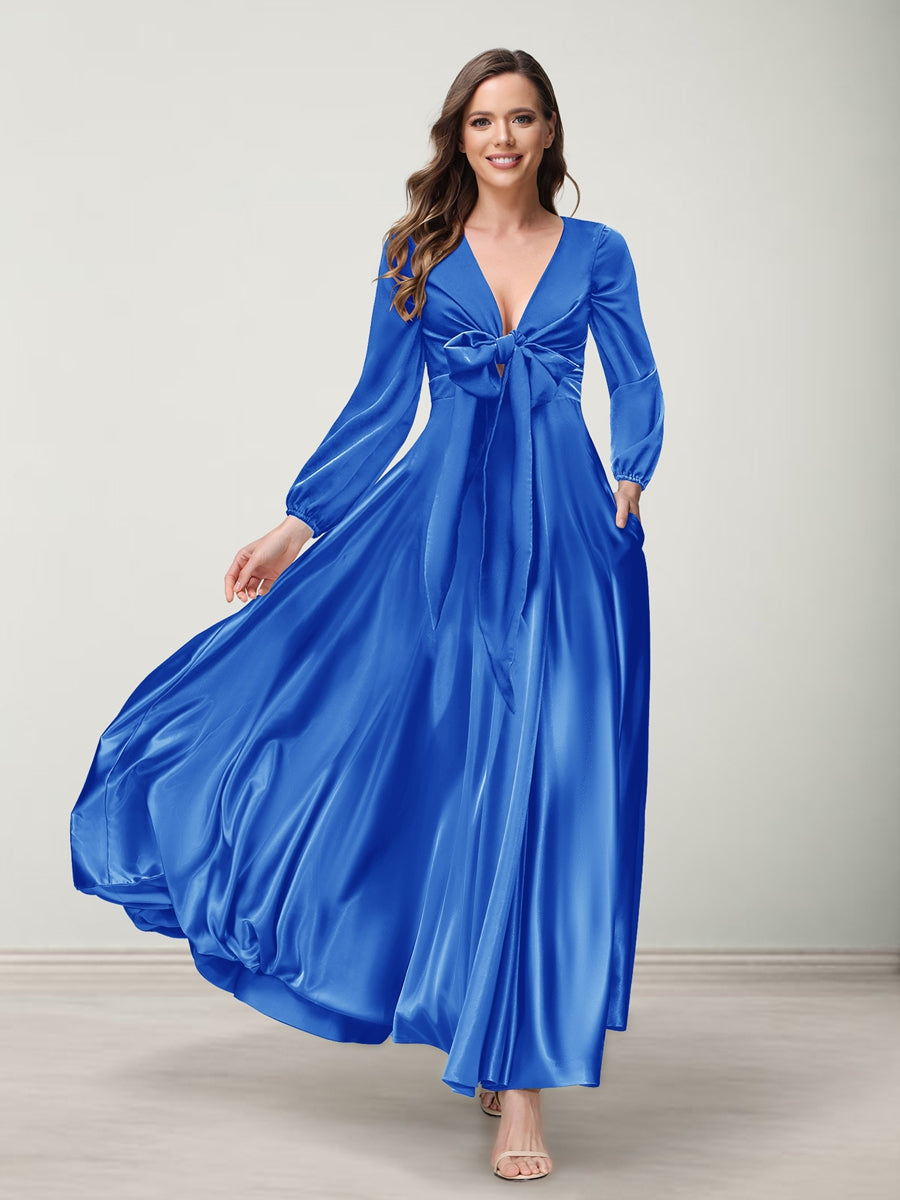 A-Line/Princess V-Neck Long Sleeves Bridesmaid Dresses with Pockets Light Royal Blue