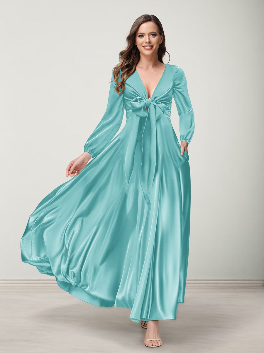 A-Line/Princess V-Neck Long Sleeves Bridesmaid Dresses with Pockets Light Sky Blue