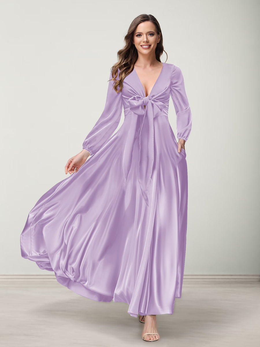 A-Line/Princess V-Neck Long Sleeves Bridesmaid Dresses with Pockets Lilac