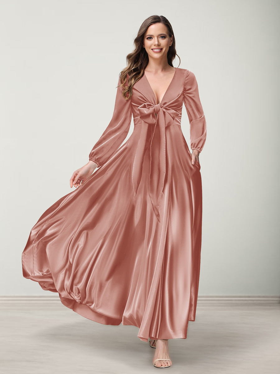 A-Line/Princess V-Neck Long Sleeves Bridesmaid Dresses with Pockets Mauve