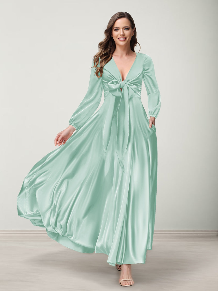 A-Line/Princess V-Neck Long Sleeves Bridesmaid Dresses with Pockets Mist Blue
