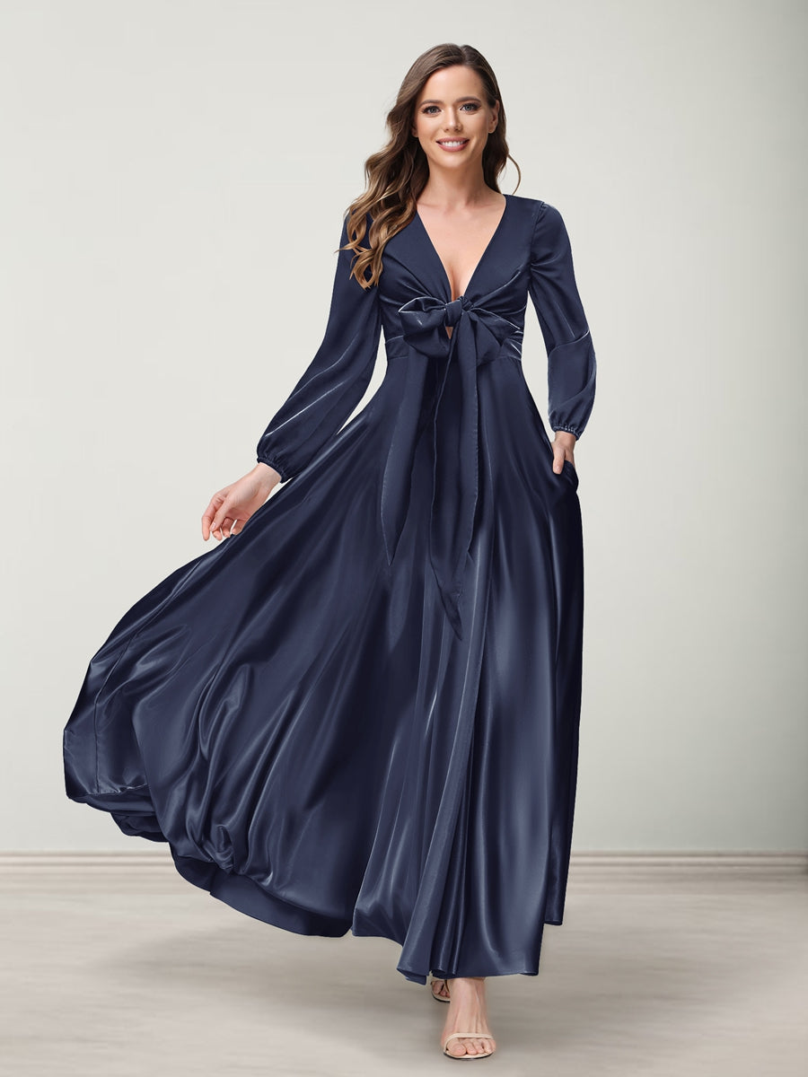 A-Line/Princess V-Neck Long Sleeves Bridesmaid Dresses with Pockets Navy Blue