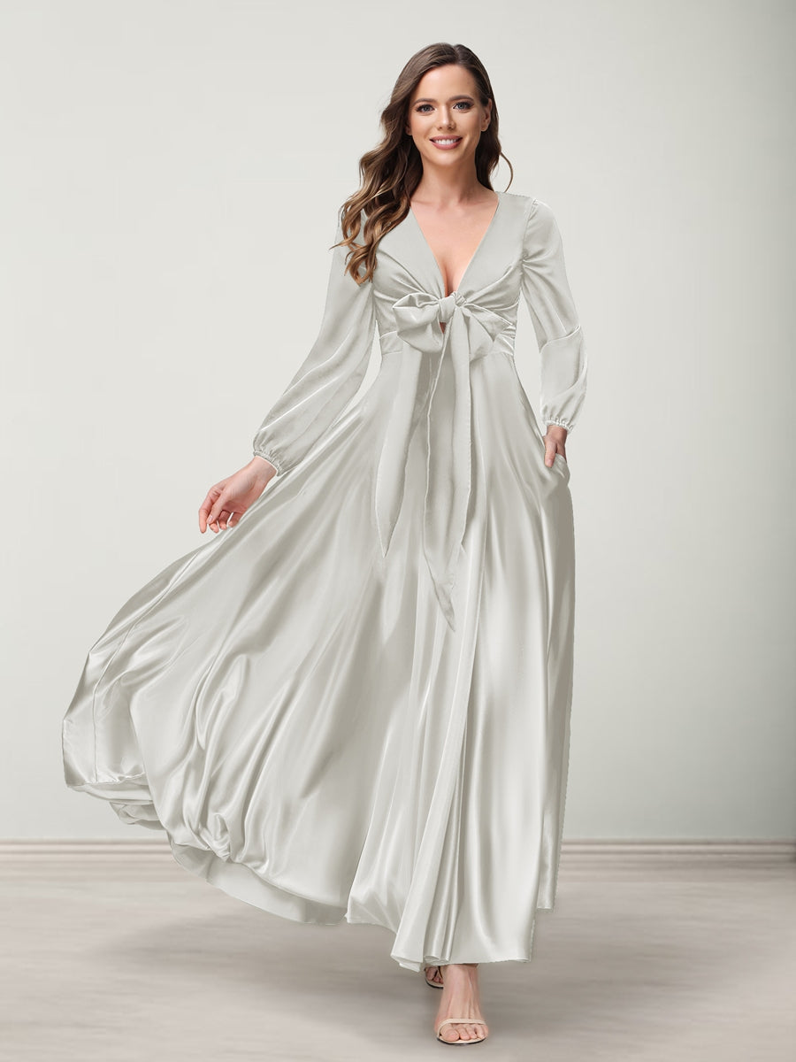 A-Line/Princess V-Neck Long Sleeves Bridesmaid Dresses with Pockets Off White