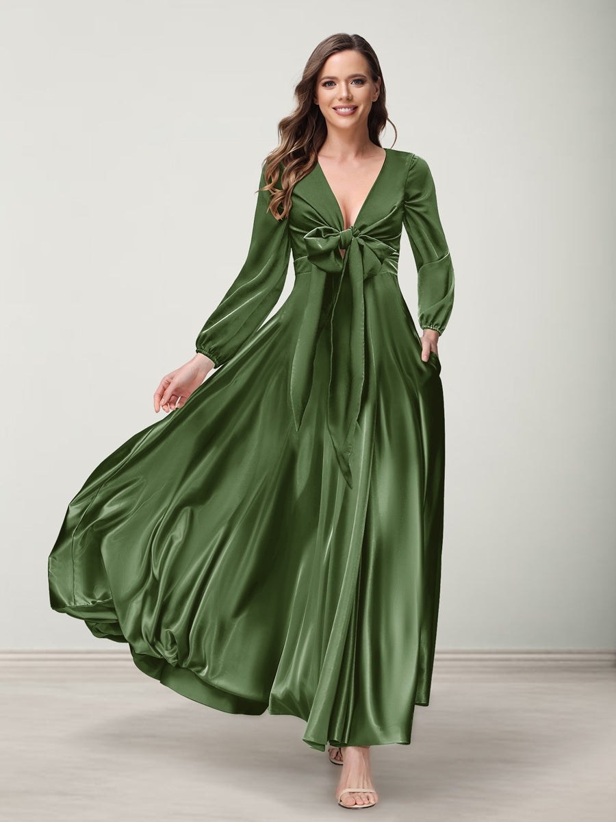 A-Line/Princess V-Neck Long Sleeves Bridesmaid Dresses with Pockets Olive Green
