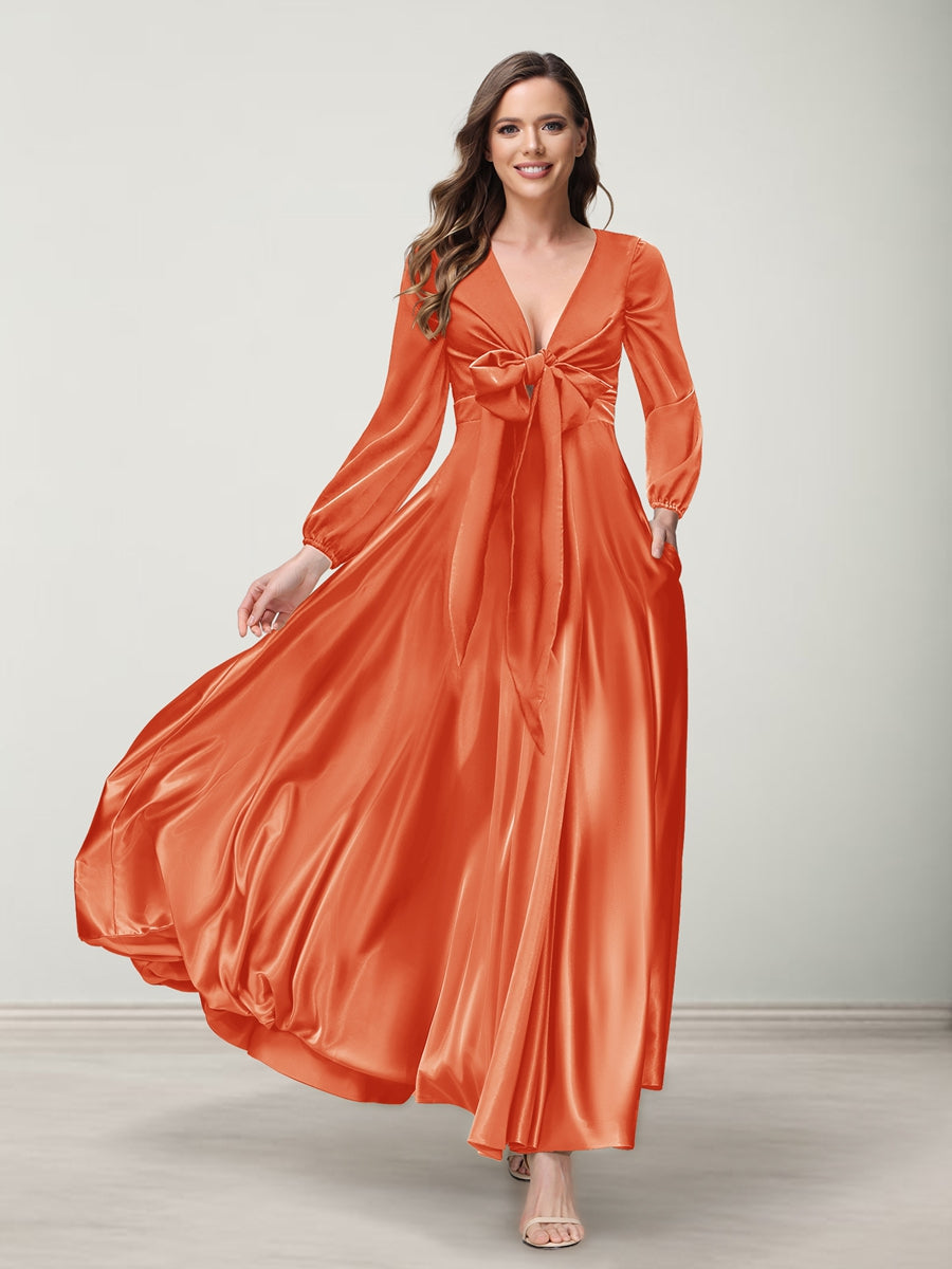 A-Line/Princess V-Neck Long Sleeves Bridesmaid Dresses with Pockets Orange