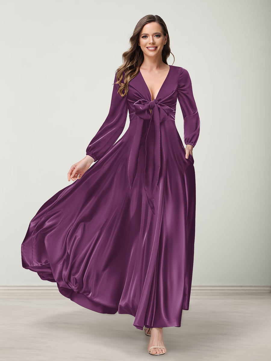 A-Line/Princess V-Neck Long Sleeves Bridesmaid Dresses with Pockets Orchid