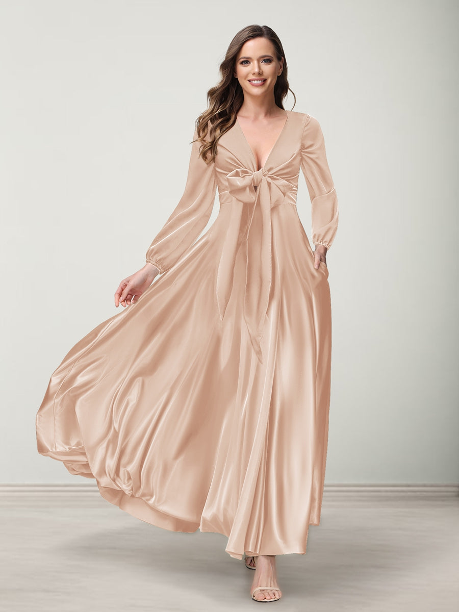 A-Line/Princess V-Neck Long Sleeves Bridesmaid Dresses with Pockets Peach Pink
