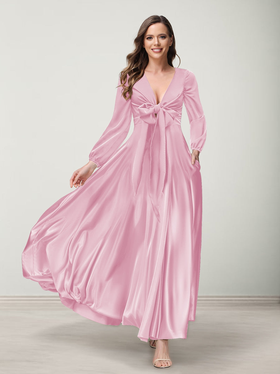 A-Line/Princess V-Neck Long Sleeves Bridesmaid Dresses with Pockets Pink