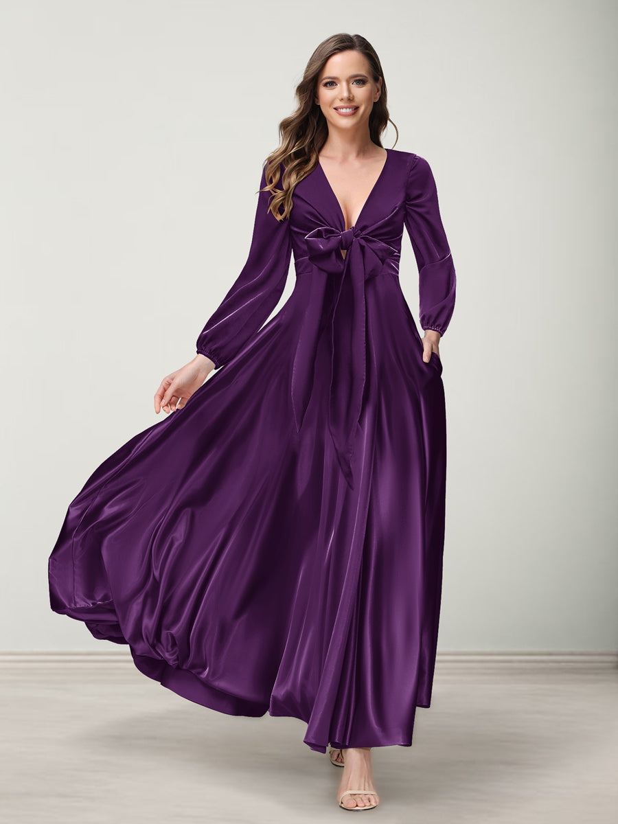 A-Line/Princess V-Neck Long Sleeves Bridesmaid Dresses with Pockets Plum
