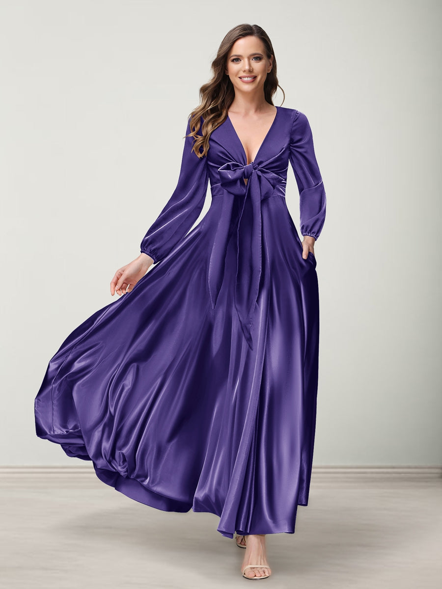 A-Line/Princess V-Neck Long Sleeves Bridesmaid Dresses with Pockets Purple