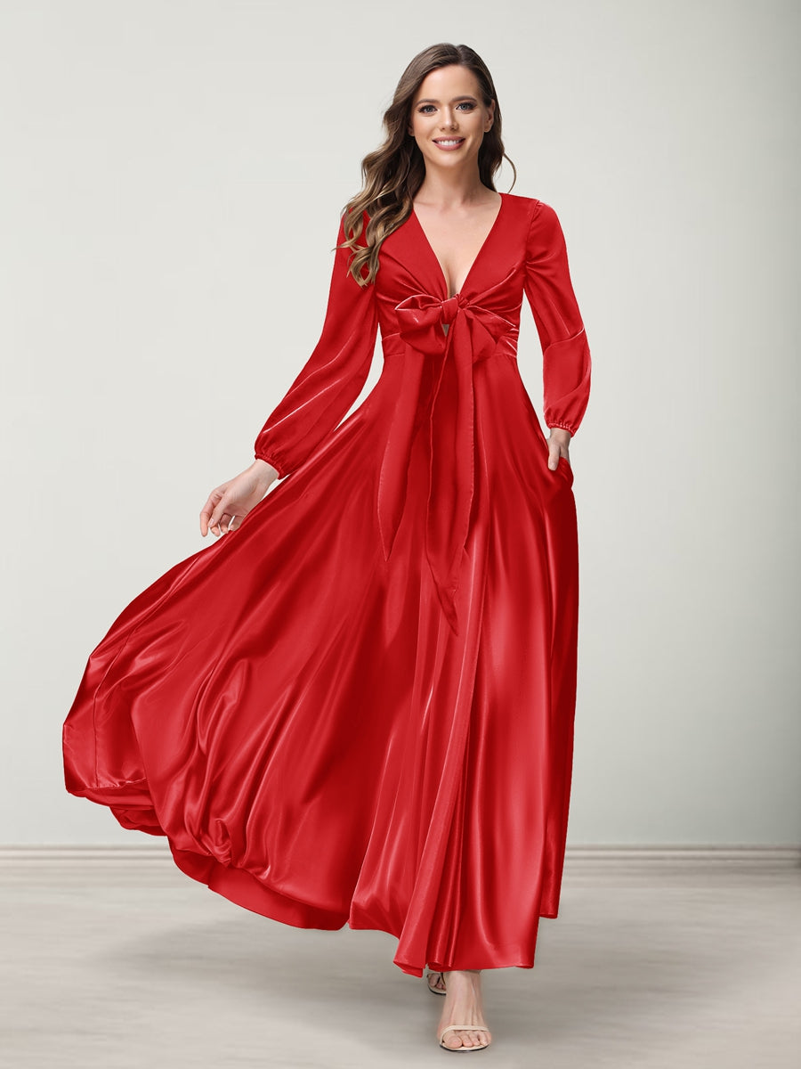 A-Line/Princess V-Neck Long Sleeves Bridesmaid Dresses with Pockets Red