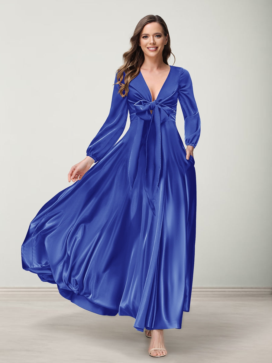 A-Line/Princess V-Neck Long Sleeves Bridesmaid Dresses with Pockets Royal Blue