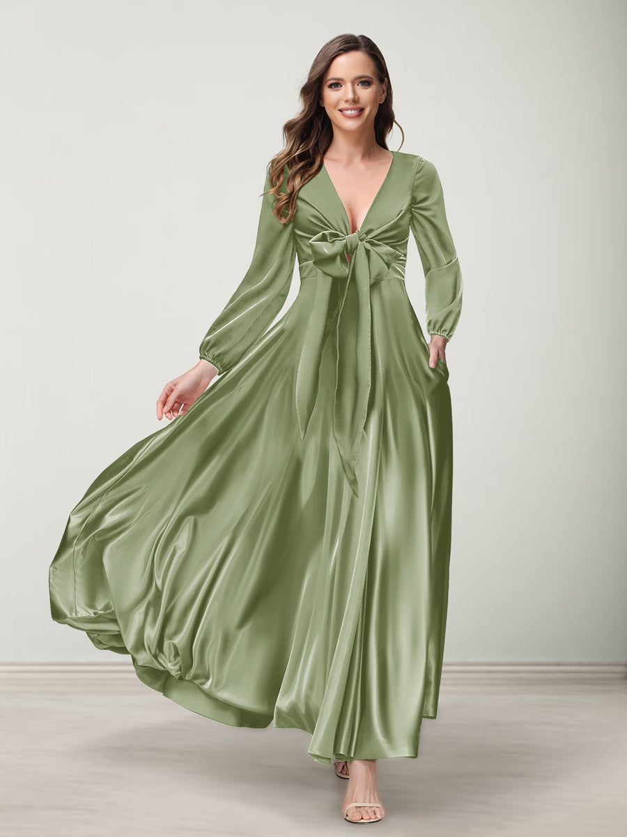 A-Line/Princess V-Neck Long Sleeves Bridesmaid Dresses with Pockets Sage