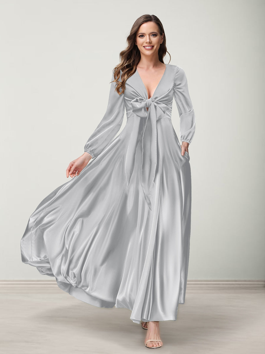 A-Line/Princess V-Neck Long Sleeves Bridesmaid Dresses with Pockets Silver