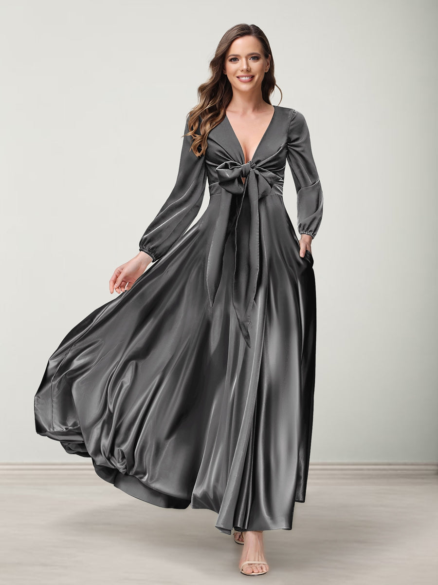A-Line/Princess V-Neck Long Sleeves Bridesmaid Dresses with Pockets Silver Gray