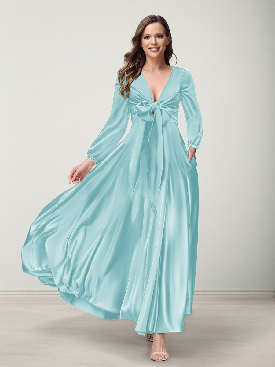 A-Line/Princess V-Neck Long Sleeves Bridesmaid Dresses with Pockets Sky Blue