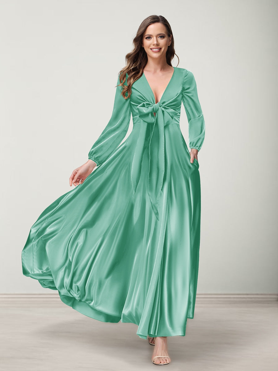 A-Line/Princess V-Neck Long Sleeves Bridesmaid Dresses with Pockets Spa