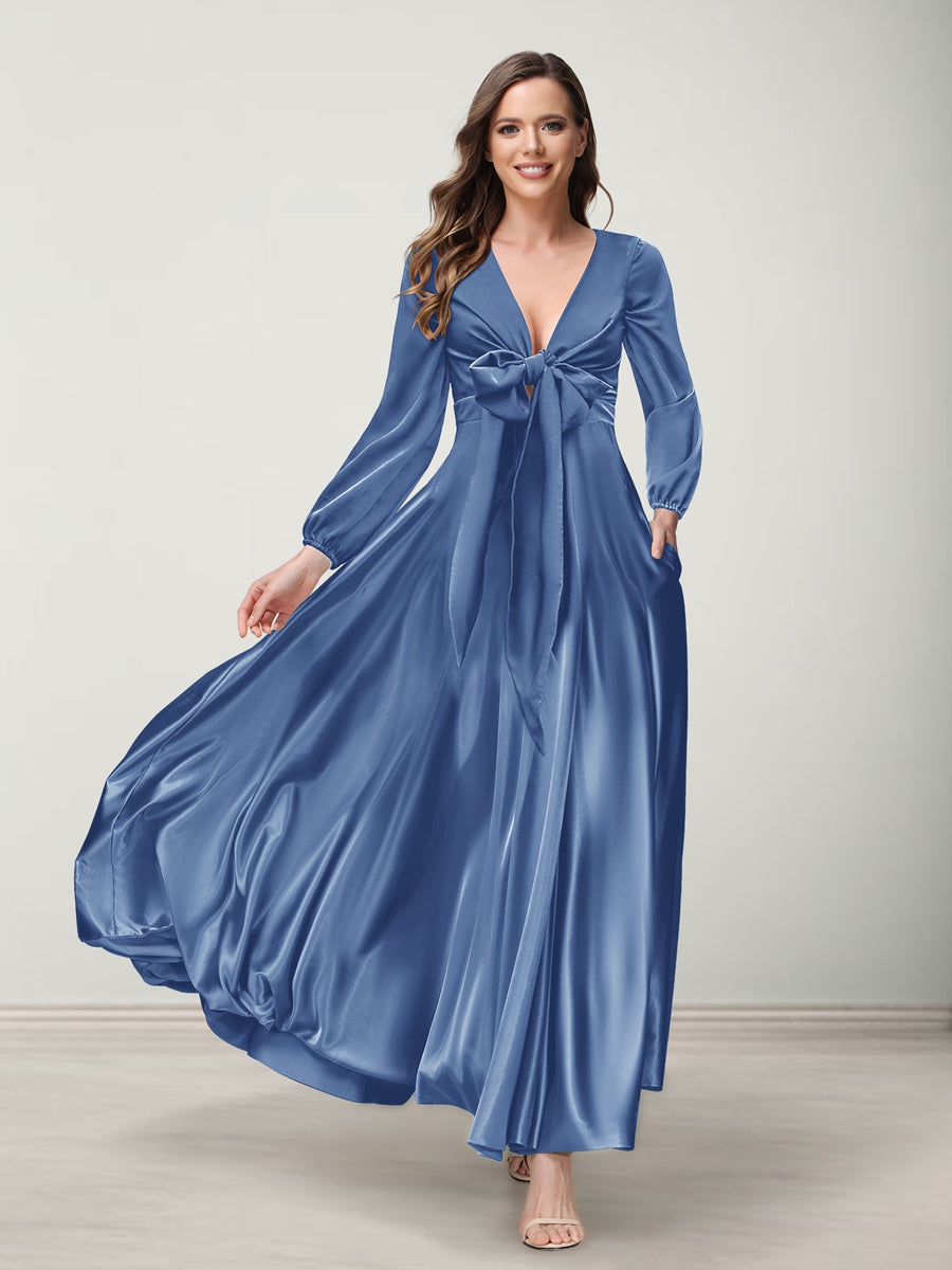 A-Line/Princess V-Neck Long Sleeves Bridesmaid Dresses with Pockets Steel Blue