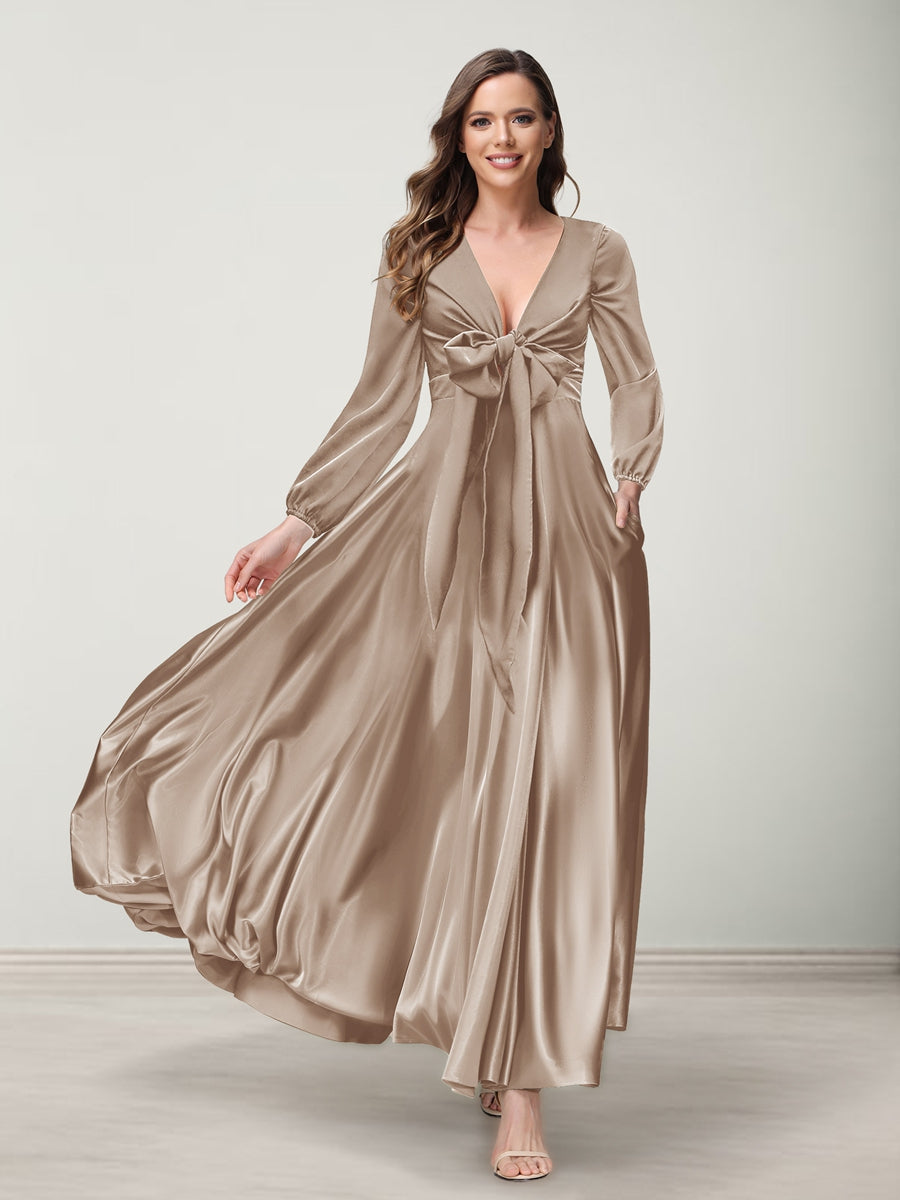 A-Line/Princess V-Neck Long Sleeves Bridesmaid Dresses with Pockets Taupe