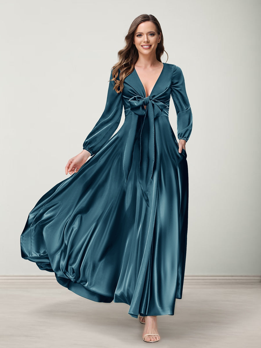 A-Line/Princess V-Neck Long Sleeves Bridesmaid Dresses with Pockets Teal