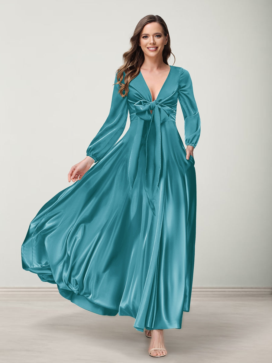 A-Line/Princess V-Neck Long Sleeves Bridesmaid Dresses with Pockets Turquoise