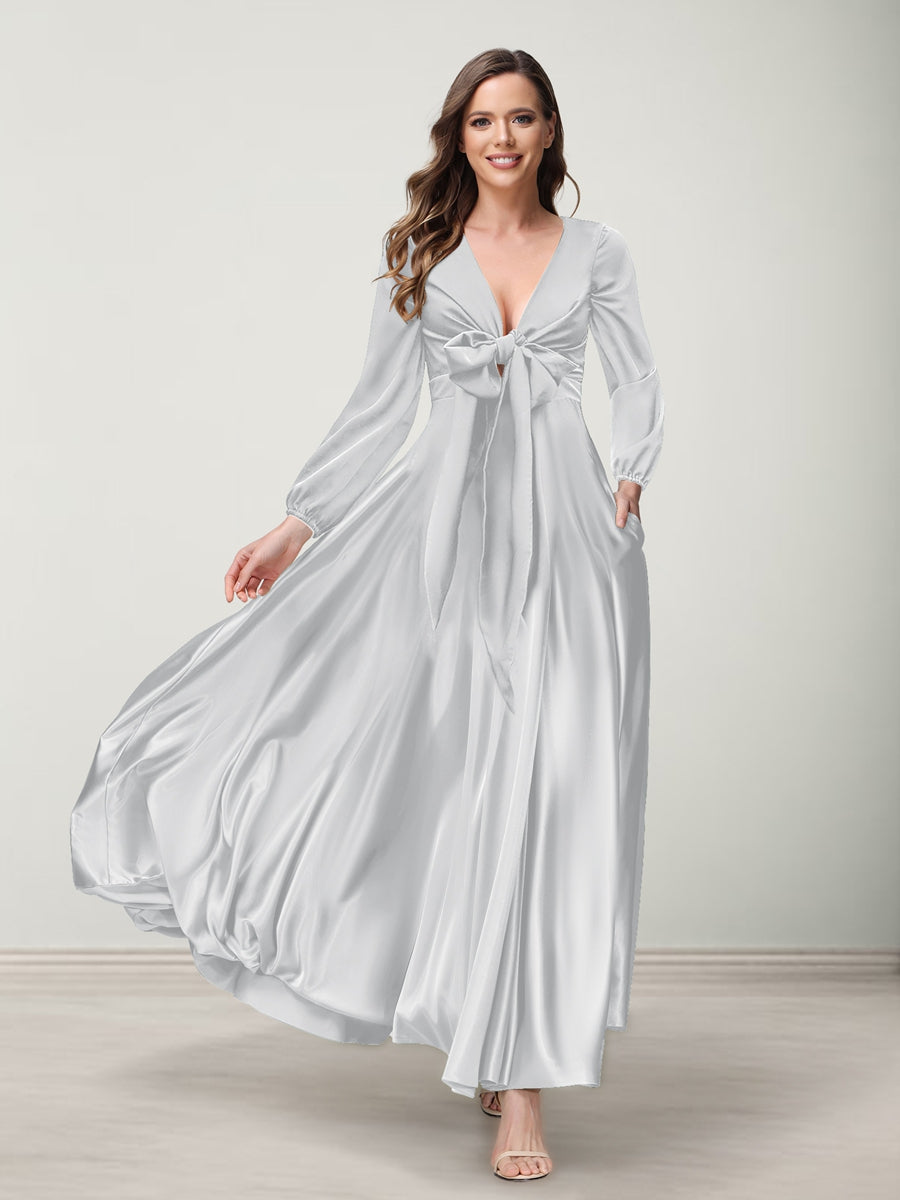 A-Line/Princess V-Neck Long Sleeves Bridesmaid Dresses with Pockets White