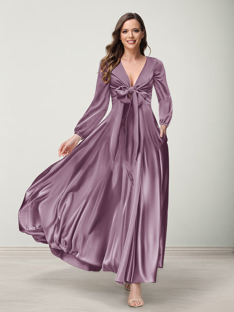A-Line/Princess V-Neck Long Sleeves Bridesmaid Dresses with Pockets Wisteria