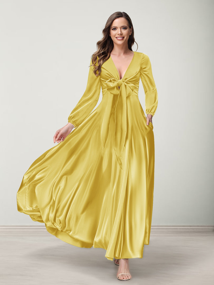 A-Line/Princess V-Neck Long Sleeves Bridesmaid Dresses with Pockets Yellow