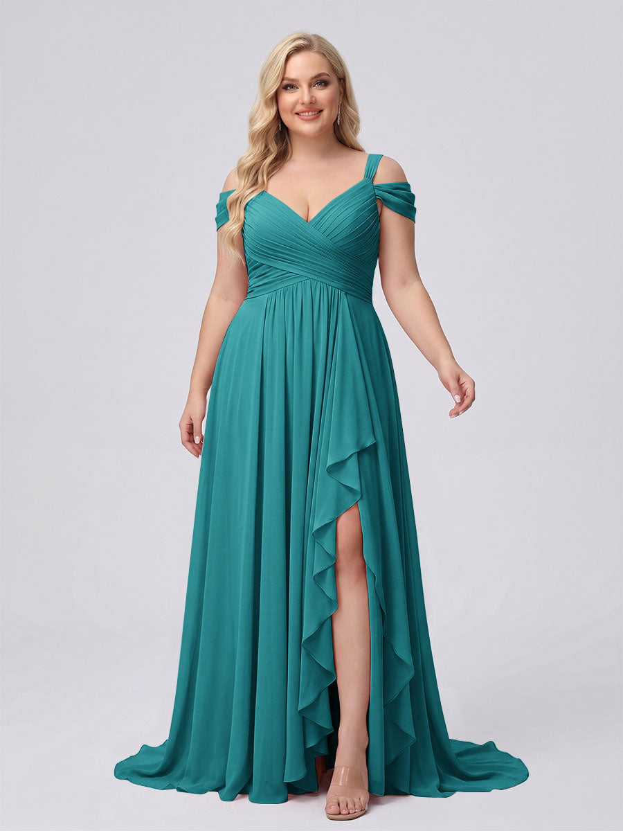 A-Line/Princess V-Neck Split Side Floor-Length Chiffon Plus Size Bridesmaid Dresses With Ruffles Aqua Blue