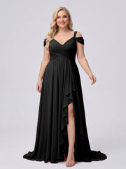 A-Line/Princess V-Neck Split Side Floor-Length Chiffon Plus Size Bridesmaid Dresses With Ruffles Black