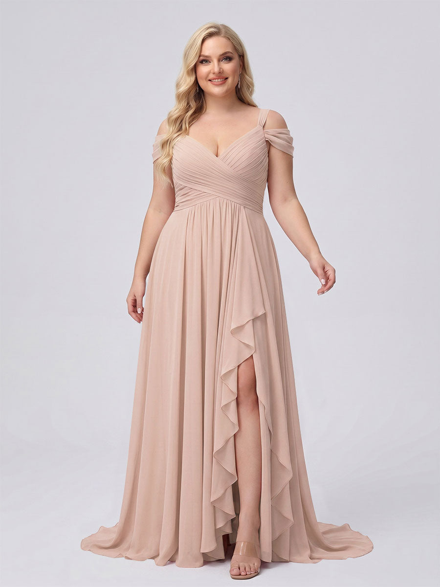 A-Line/Princess V-Neck Split Side Floor-Length Chiffon Plus Size Bridesmaid Dresses With Ruffles Blush Pink