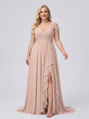 A-Line/Princess V-Neck Split Side Floor-Length Chiffon Plus Size Bridesmaid Dresses With Ruffles Blush Pink