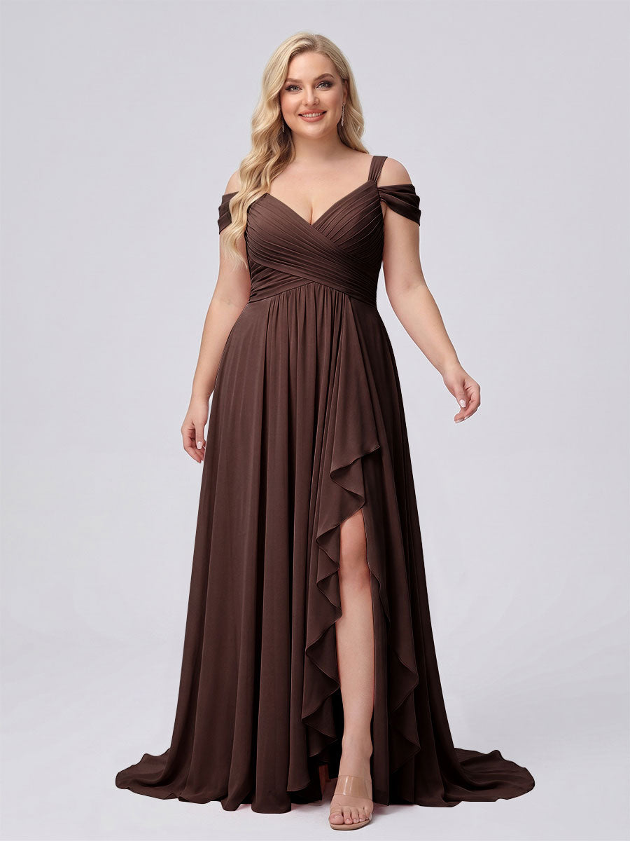 A-Line/Princess V-Neck Split Side Floor-Length Chiffon Plus Size Bridesmaid Dresses With Ruffles Brown