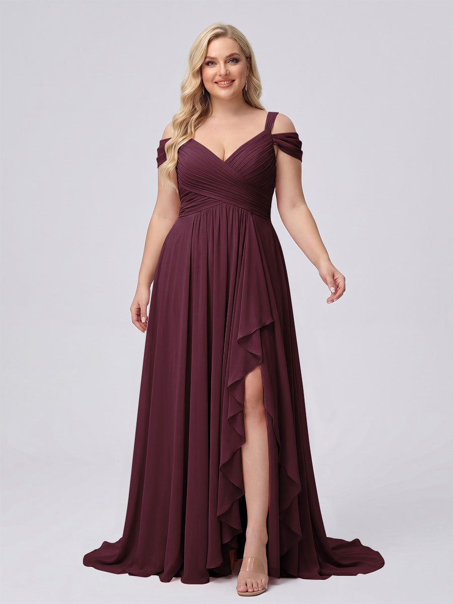A-Line/Princess V-Neck Split Side Floor-Length Chiffon Plus Size Bridesmaid Dresses With Ruffles Burgundy