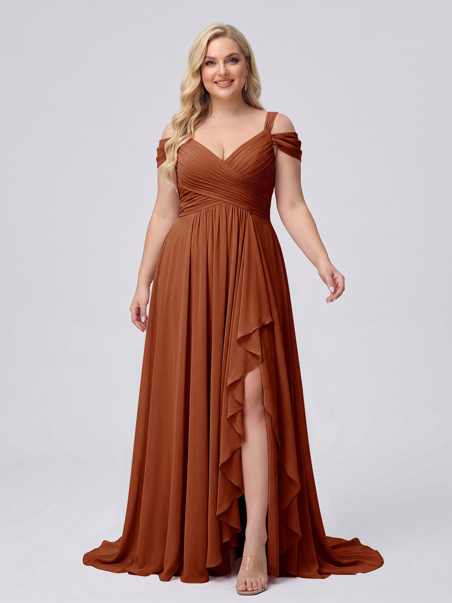 A-Line/Princess V-Neck Split Side Floor-Length Chiffon Plus Size Bridesmaid Dresses With Ruffles Burnt Orange