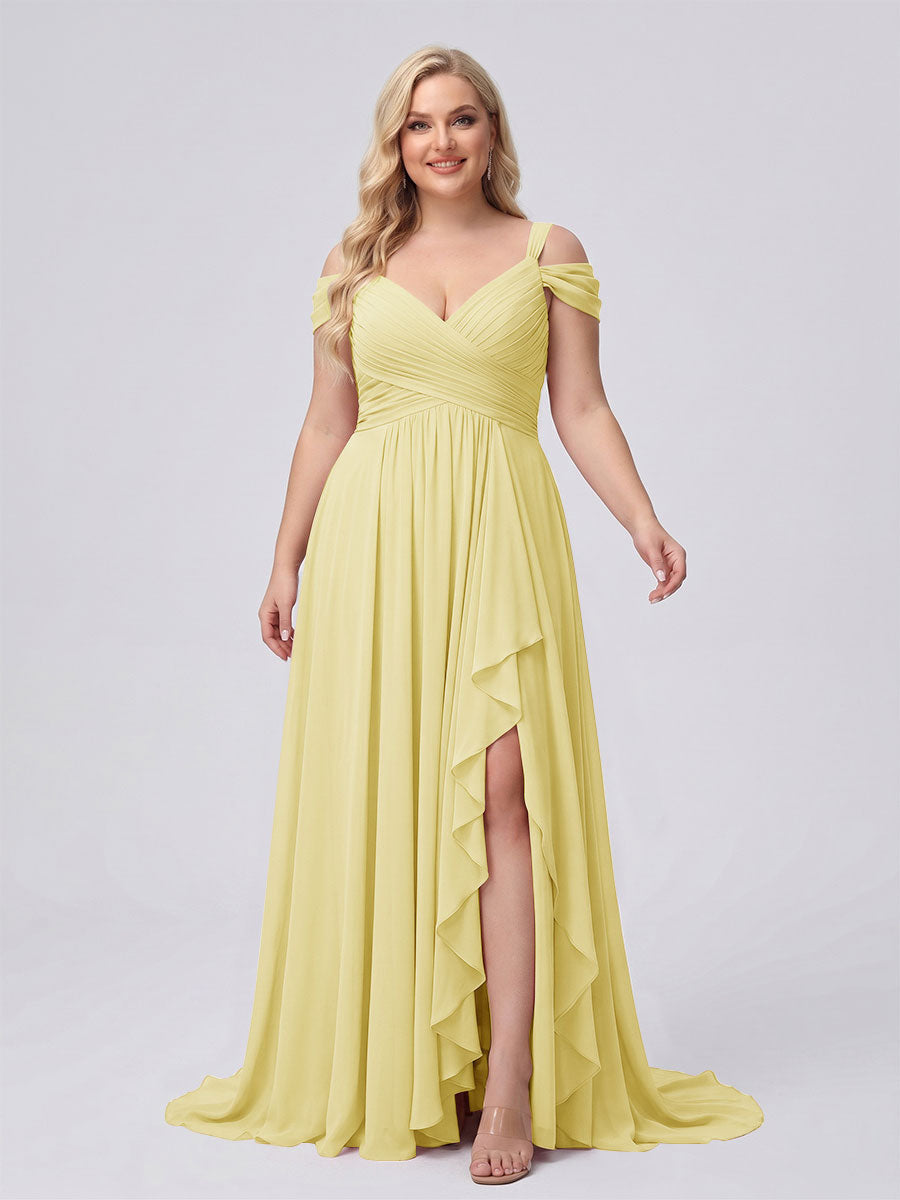 A-Line/Princess V-Neck Split Side Floor-Length Chiffon Plus Size Bridesmaid Dresses With Ruffles Canary