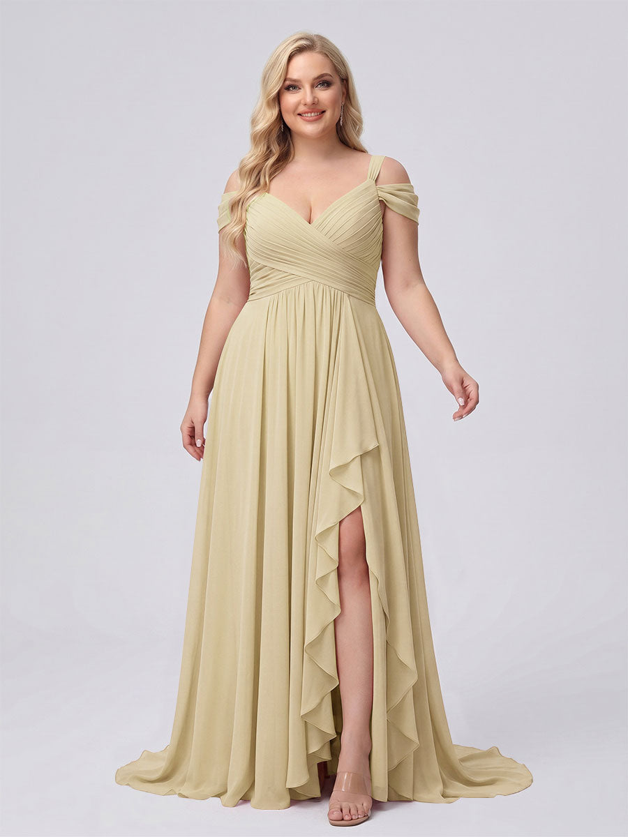 A-Line/Princess V-Neck Split Side Floor-Length Chiffon Plus Size Bridesmaid Dresses With Ruffles Champagne