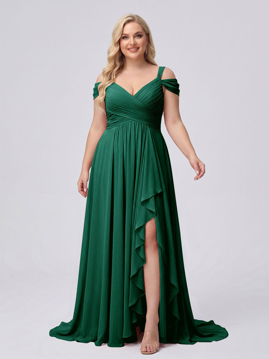 A-Line/Princess V-Neck Split Side Floor-Length Chiffon Plus Size Bridesmaid Dresses With Ruffles Dark Green