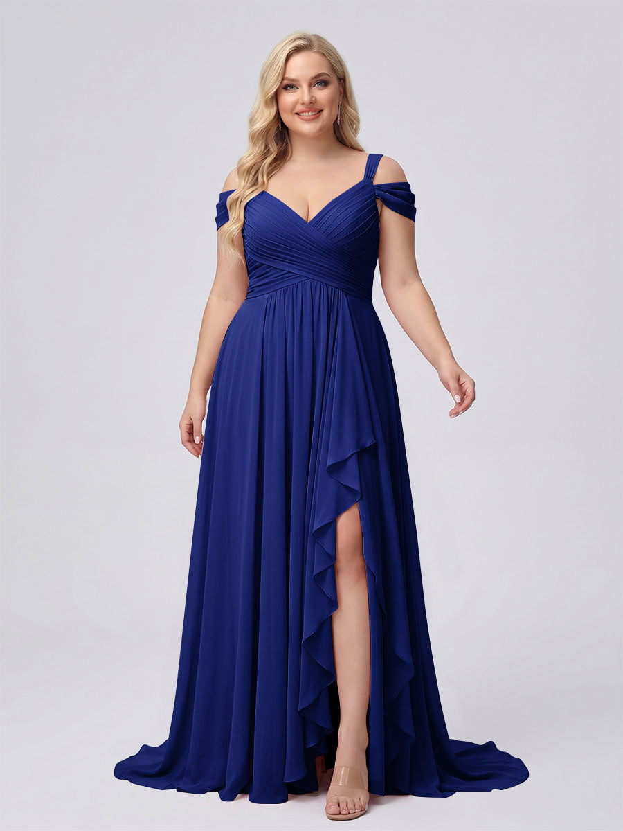 A-Line/Princess V-Neck Split Side Floor-Length Chiffon Plus Size Bridesmaid Dresses With Ruffles Dark Royal Blue