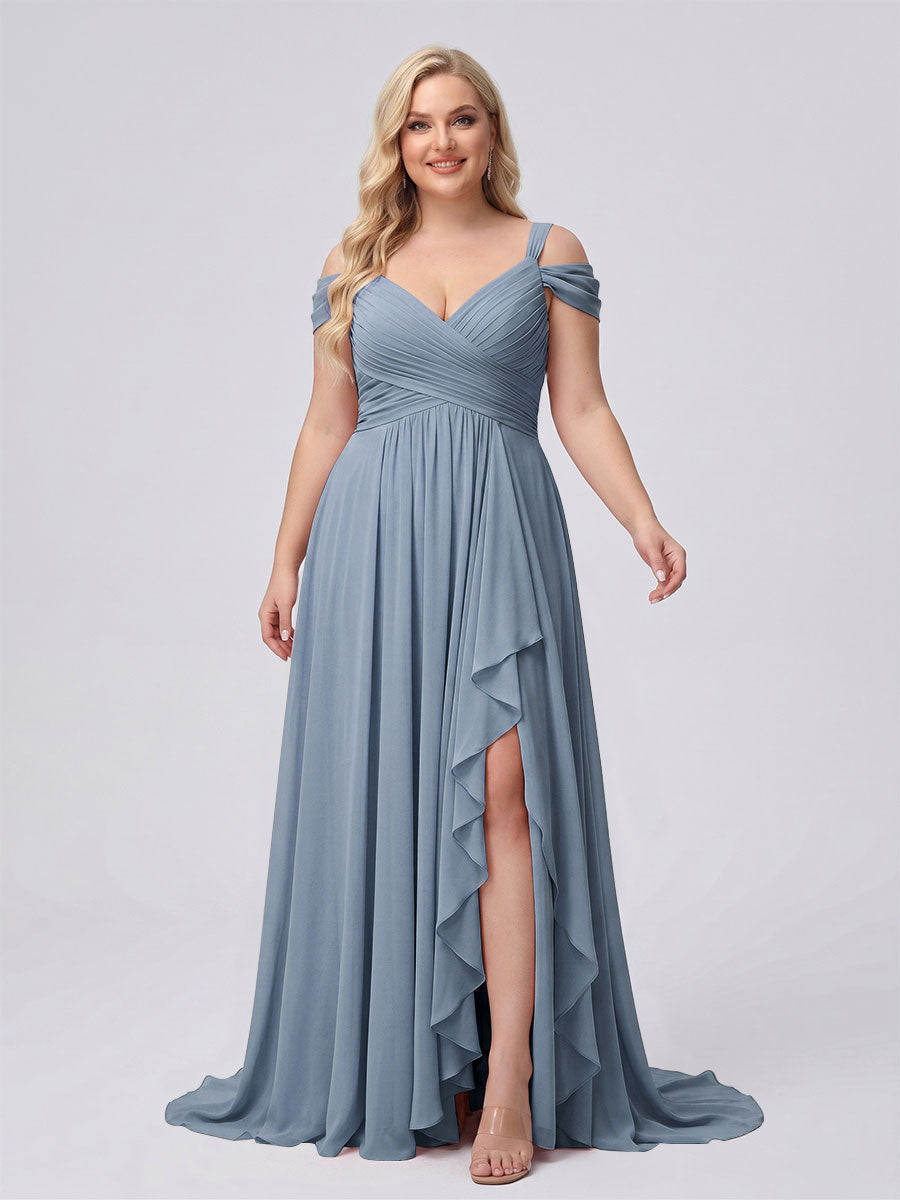 A-Line/Princess V-Neck Split Side Floor-Length Chiffon Plus Size Bridesmaid Dresses With Ruffles Dusty Blue