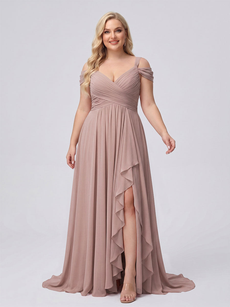 A-Line/Princess V-Neck Split Side Floor-Length Chiffon Plus Size Bridesmaid Dresses With Ruffles Dusty Pink