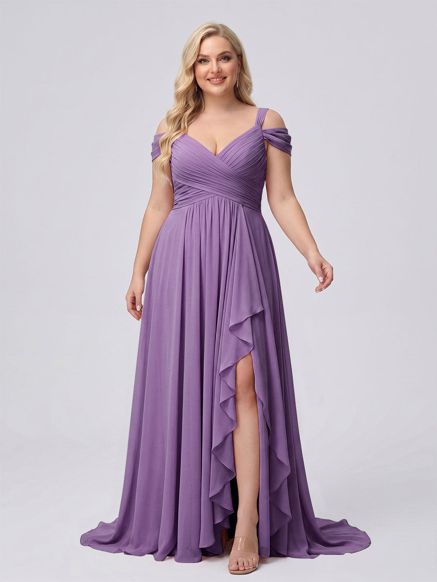 A-Line/Princess V-Neck Split Side Floor-Length Chiffon Plus Size Bridesmaid Dresses With Ruffles Dusty Purple