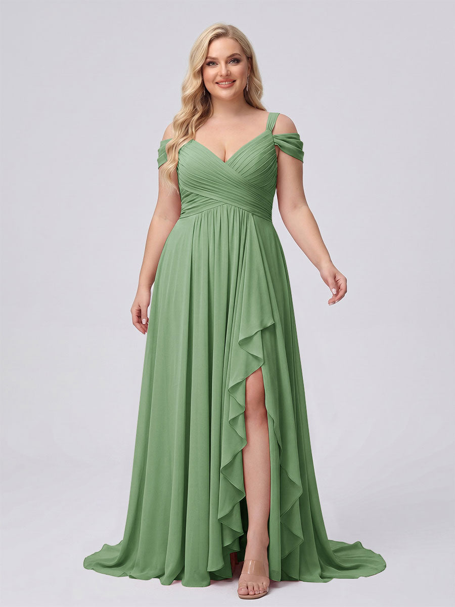 A-Line/Princess V-Neck Split Side Floor-Length Chiffon Plus Size Bridesmaid Dresses With Ruffles Dusty Sage