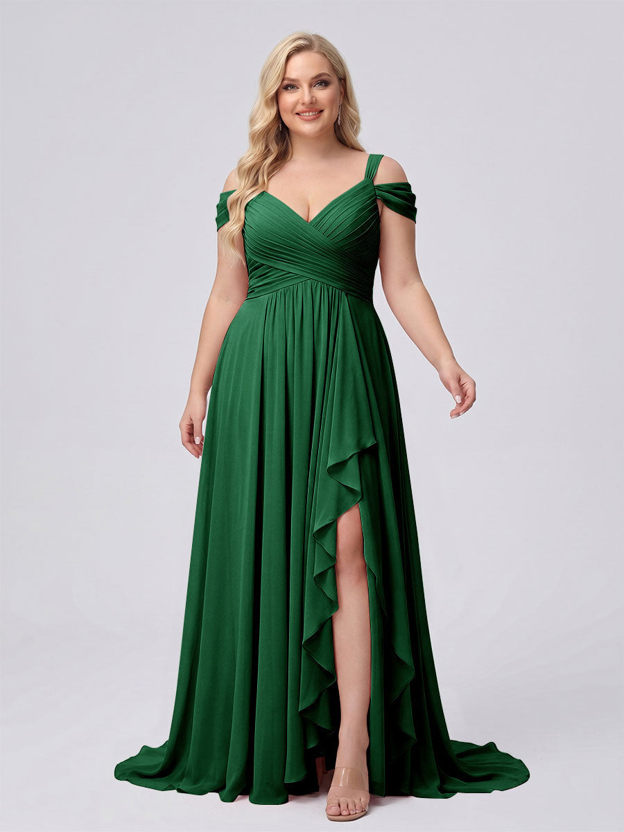 A-Line/Princess V-Neck Split Side Floor-Length Chiffon Plus Size Bridesmaid Dresses With Ruffles Emerald