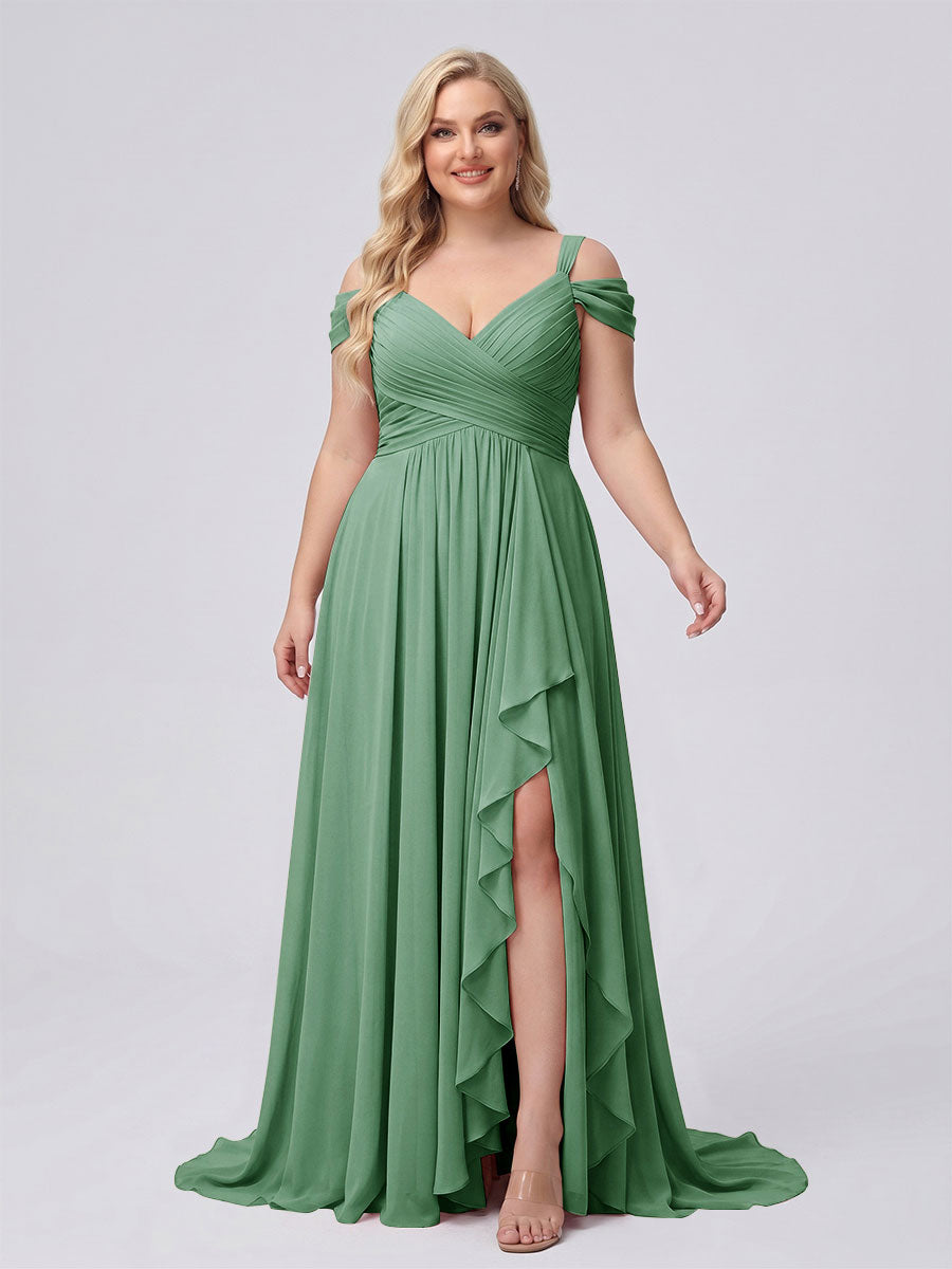 A-Line/Princess V-Neck Split Side Floor-Length Chiffon Plus Size Bridesmaid Dresses With Ruffles Eucalyptus