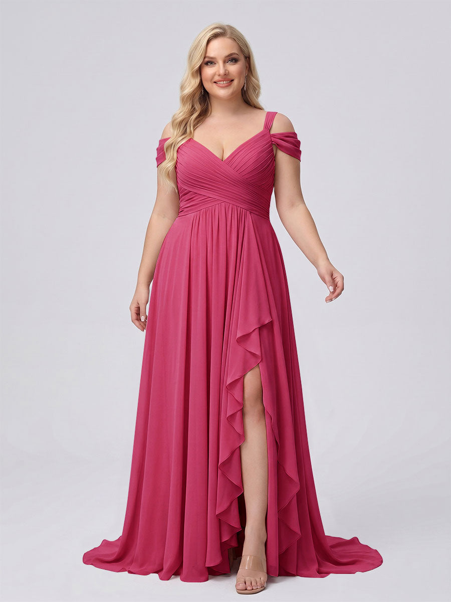 A-Line/Princess V-Neck Split Side Floor-Length Chiffon Plus Size Bridesmaid Dresses With Ruffles Fuchsia