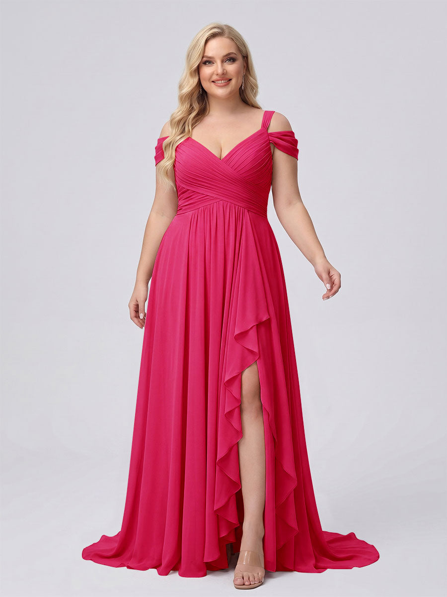 A-Line/Princess V-Neck Split Side Floor-Length Chiffon Plus Size Bridesmaid Dresses With Ruffles Fuchsia Pink