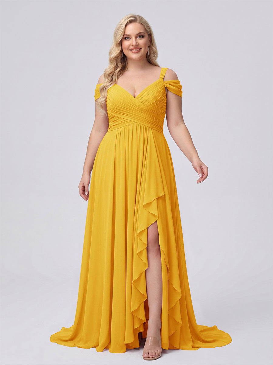 A-Line/Princess V-Neck Split Side Floor-Length Chiffon Plus Size Bridesmaid Dresses With Ruffles Gold