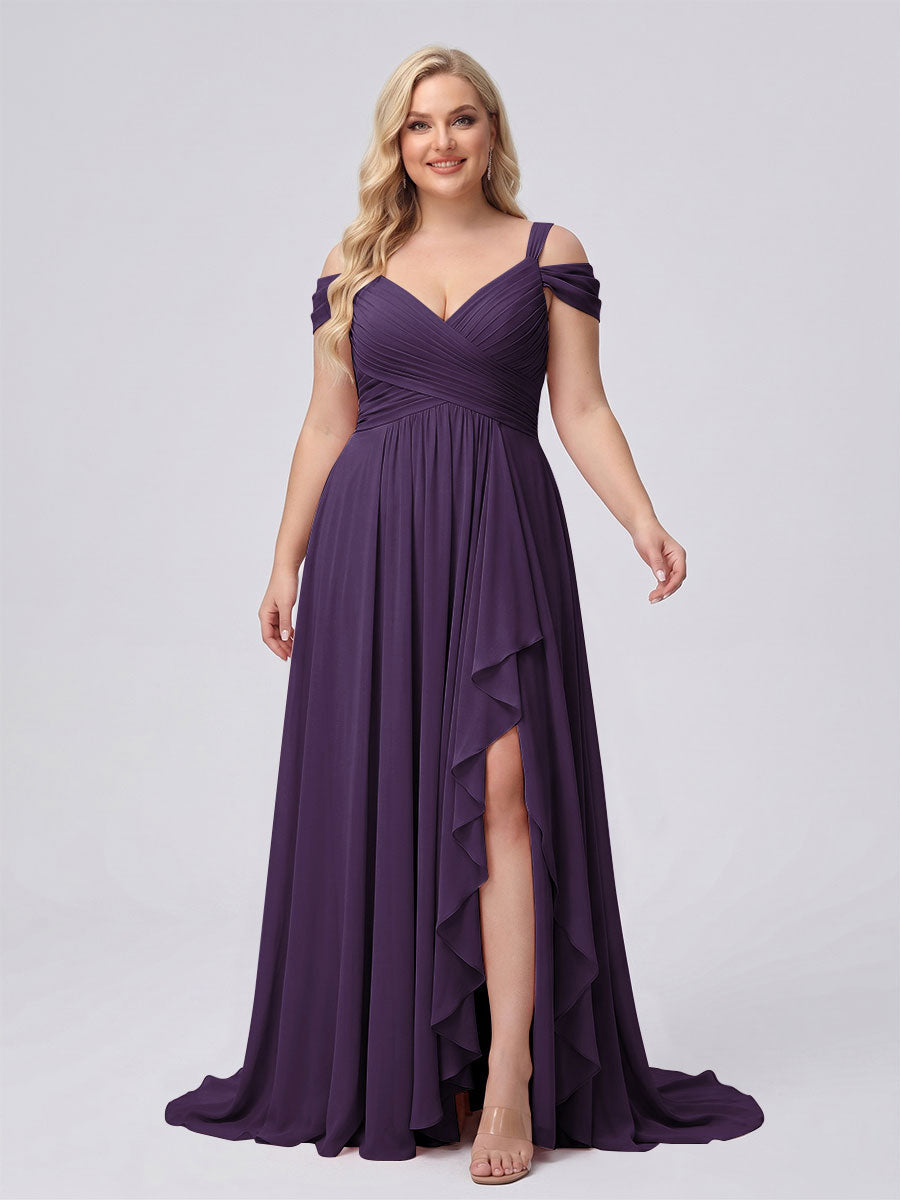 A-Line/Princess V-Neck Split Side Floor-Length Chiffon Plus Size Bridesmaid Dresses With Ruffles Grape