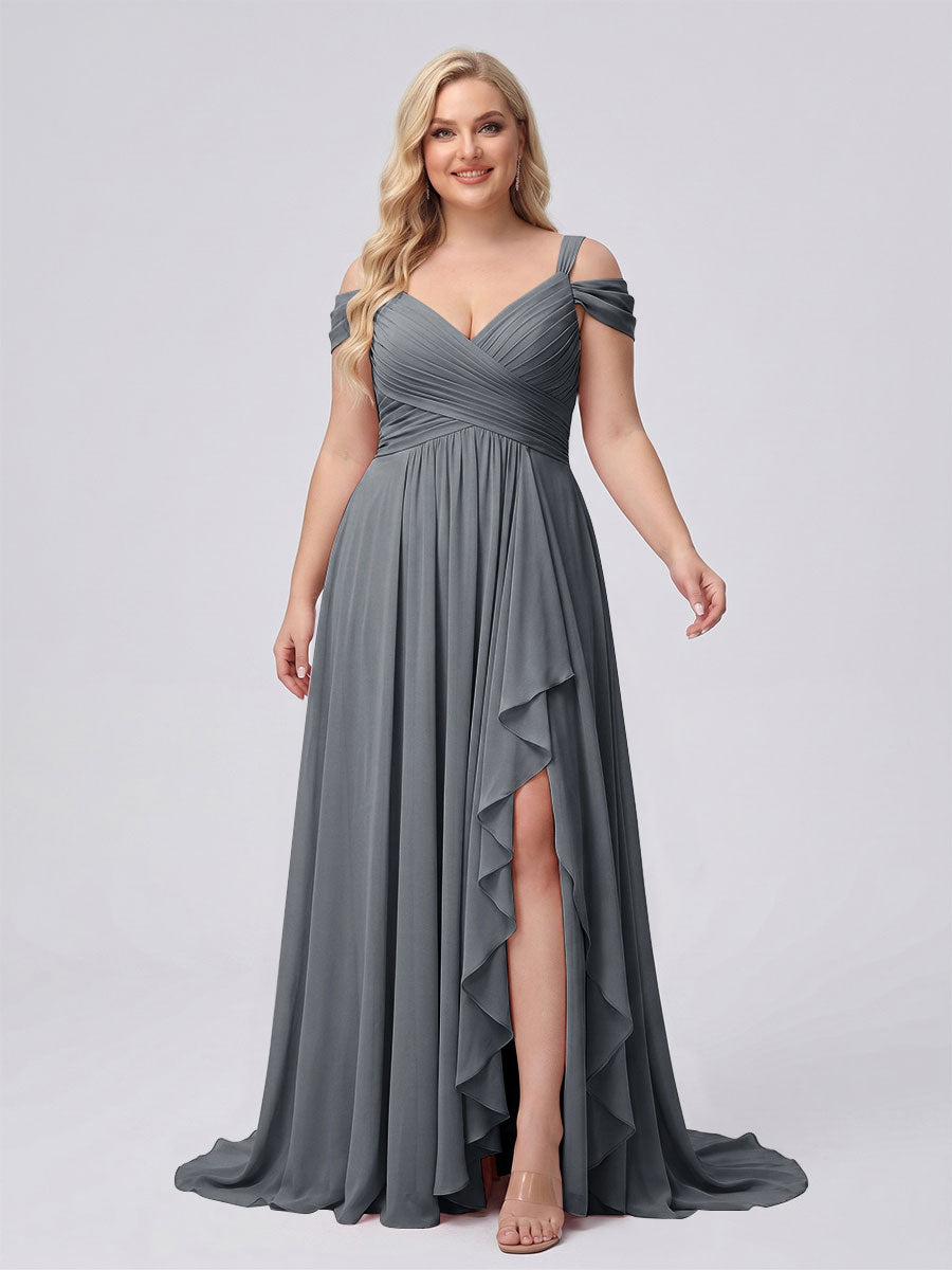 A-Line/Princess V-Neck Split Side Floor-Length Chiffon Plus Size Bridesmaid Dresses With Ruffles Gray
